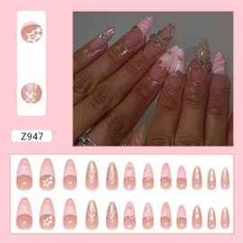 3d Press on Nails Short Fake Nails Pink Full Cover with design Stick on Nails Star Bow Rhinestones Short False Nails with Charm Acrylic Nails French Tip Press ones Glue on Nails for Women Cute Nails