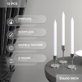 CANDWAX White Taper Candles Pack of 12 - Straight Candles 10 inch Ideal as Unscented Candles, Dinner Candles and Table Candles - Slow Burning Candles Dripless - Smokeless Long Candlesticks