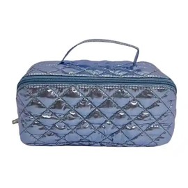 lemonbella Medium Glamzip Quilted Travel Cosmetic Bag Spacious Makeup Organizer with Dual Zippers & Top Handle - Portable Toiletry Pouch for Women, ICE BLUE