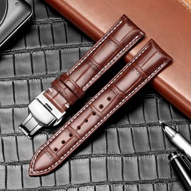 MUENShop Watch Strap with Folding Clasp Leather Quick Release Genuine Leather Strap for 18 mm - 24 mm Black Brown Blue Green Calfskin Replacement for Men / Women, Brown White, 21 mm, Bracelet