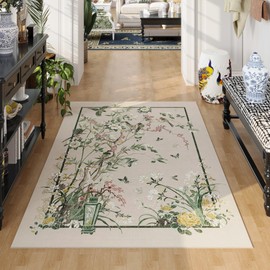 Vowkten 4x6 Rug Chinoiserie-Style Floral Vintage Washable Area Rugs Non Slip Low Pile Small Carpet for Bedroom, Bedside, Kids Room, Office, Dining Room, Beige