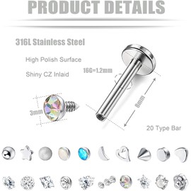 LOLIAS 20 Pcs Tragus Cartilage Forward Helix Stud Earrings for Women Men Monroe Labret Lip Nose Studs Stainless Steel CZ Balls Heart Flower Medusa Flatback Piercings Earrings 16G