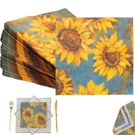 Pack of 40 Serviettes Wedding, Sunflower Napkins, 33 x 33 cm, Vintage Napkins, Eucalyptus Napkins for Birthday, Wedding, Party, Table Decoration, Party Napkins