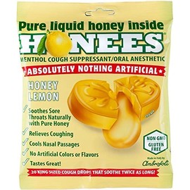 Honees Honees Filled Honey Lemon Cough Drops- Filled with Honey, Menthol, Lemon and Eucalyptus - Nothing Artificial -Natural Sore Throat Lozenges- Non-GMO, Gluten Free (3 Pack – 60 Drops)