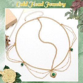 VENOFEN Head Chain Gold Headpiece Imitation Emerald Beads Forehead Jewelry for Women Boho Style Multi-Layered Chain Head Jewelry Festival Hair Decoration Accessories
