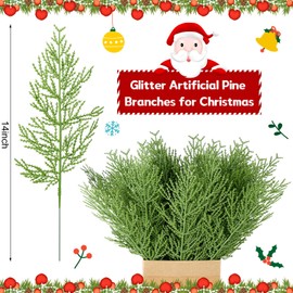 Sinmoe 80 Pcs Christmas Large Artificial Pine Needles Glitter Artificial Pine Branches 14'' Artificial Greenery Stems Decorative Faux Tree Branches for Xmas Wreath Home Party Decor (Green)