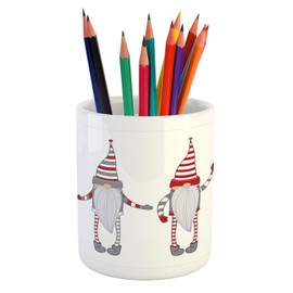 Lunarable Gnome Pencil Pen Holder, Cartoon Style with Long Striped Hats and Beards, Ceramic Pencil Holder for Desk Office Accessory, 3.6" X 3.2", Purpleblue Vermilion Pale Grey and White