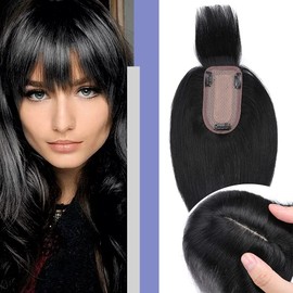 Elailite 150% Thick Women's Hair Topper with Fringe Extension, 100% Remy Real Hair, 7 x 13 cm, Base Clip-In Hairpieces, Silky, Natural, 12 Inches (30 cm): 38 g, #01 Black