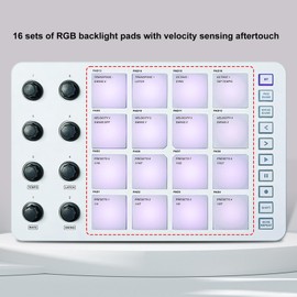 MIDI Pad Controller, Beat Maker Machine with 16 RGB Backlit Pads, Portable BT USB MIDI Drum Pad Controller 8 Assignable Knobs for Music Making
