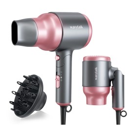 Wavytalk Portable Hair Dryer with Diffuser, Foldable Mini Hair Dryer with Lightweight Design, 1600W Small Hair Blow Dryer with Diffuser for Curly Hair Fast Drying, Rose Pink