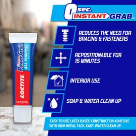 Loctite Power Grab Express All Purpose Construction Adhesive, Versatile Construction Glue for Cement, Tile, Wall & More - 6 fl oz Squeeze Tube, Pack of 1