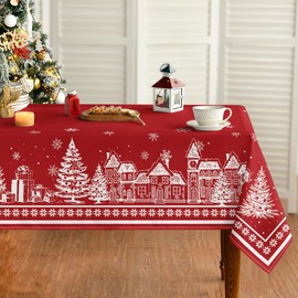 Horaldaily Christmas Tablecloth 52×70 Inch Rectangular, Red Snow House Pine Trees Washable Table Cover for Party Picnic Dinner Decor