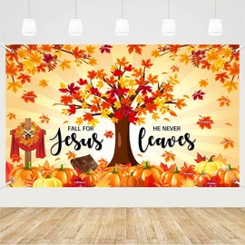 MEHOFOND 6x3.6ft Fall for Jesus He Never Leaves Backdrop Pumpkin Autumn Banner Maple Leaf Decoration Christian Religion Background Thanksgiving Party Photo Booth Prop