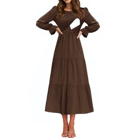 CzzzyL Womens Maternity Nursing Dress Tiered Maxi Dress Floral Beho Casual Ruffle Long Sleeves Smocked Dress with Pockets Coffee,Large