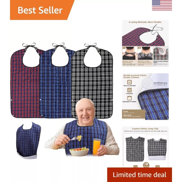 Unbranded Washable Adult Bibs with Crumb Catcher - Waterproof &