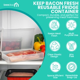 Iconikal Bacon Saver Deli Meat Storage Container 1-lb Capacity 11x6.5-Inch Snap-Tight Clear Lid Dishwasher Safe Food-Safe Fridge Organizer