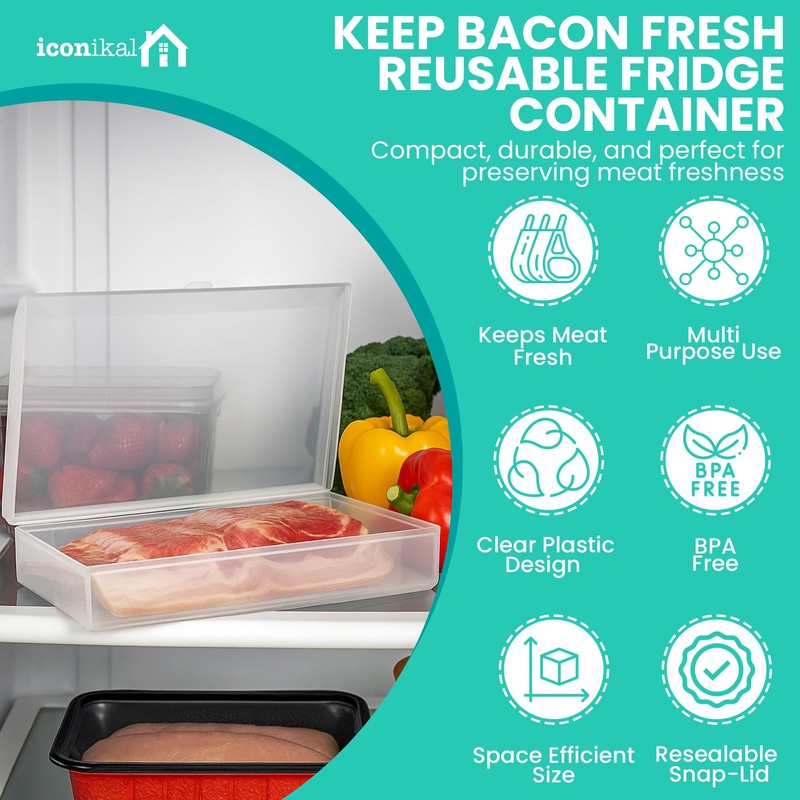 Iconikal Bacon Saver Deli Meat Storage Container 1-lb Capacity 11x6.5-Inch
