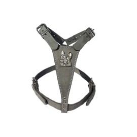 Grey Leather Dog Harness Medium with French Bulldog Head Motif