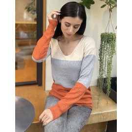 Zeagoo Womens Long Sleeve Tops Dressy Casual Knit Color Block V Neck Sweaters Trendy Off Shoulder Spring Outfits 2025 S