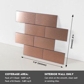 HOMEART Subway Tile Peel and Stick Backsplash, Brushed Metal Aluminum Copper Backsplash Stick on Wall Tiles for Kitchen Bathroom Fireplace (6 Sheets)