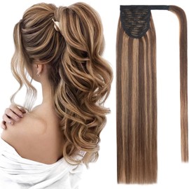 SEGO Pro Ponytail Extensions Human Hair Long Straight Ponytail Hair Extensions with Magic Paste Wrap Around Clip in Ponytail Extensions Real Human Hair,16inch #4P27 Medium Brown mixed Dark Blonde,80g