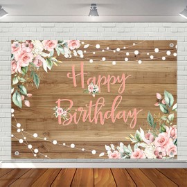 Avezano Rustic Wood Birthday Banner Happy Birthday Party Decorations Pink Floral Girls Women Bday Backdrop Photo Booth Studio Props
