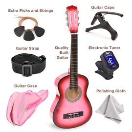 30" Left Handed Wood Guitar with Case and Accessories for Kids/Girls/Boys/Teens/Beginners (Pink Gradient)