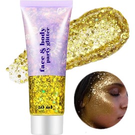 Go Ho Gold Gel con purpurina corporal, lentejuelas de sirena, gel autoadhesivo grueso con purpurina para cara, labios, cabello, uñas, festivales, rave, gel dorado con purpurina para Halloween