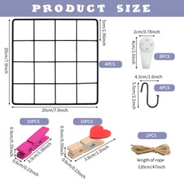 Roellgs 4 Piece 20×20cm Wall Grid (with Accessories) Grid Pin Board Photo Grid, Memo Board and Photo Wall, Decorative Metal Grid for Office, Kitchen, Room and More. (Black)