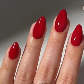 Red Press on Nails Short Almond QUNQINLI False Nails Summer Acrylic Fake Nails Press ons with Glossy Design Gel Glue on Nails Solid Color Stick on Nails for Women 24 Pcs