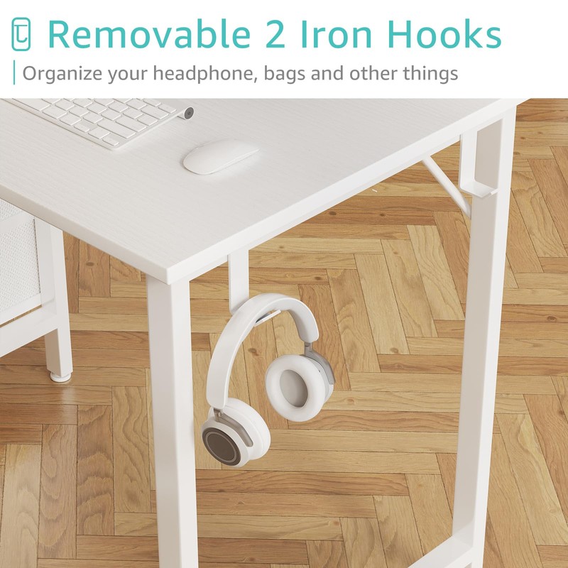 Lufeiya White Computer Desk with Fabric Drawers, 47 Inch Reversible
