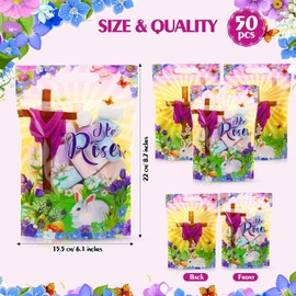 Tatuo 50 Pcs Easter Gift Bags Clear Easter Religious Sealing Pouches with Handles Resealable He Is Risen Plastic Bags for Egg Hunt Holiday Party Candy Treat Goodie Wrap Favors Supplies Decorations