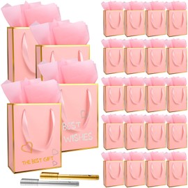 24 Pack Metallic Paper Gift Bag with Handles and Tissue Paper 9 x7 x 4'' 5 Senses Gift Bags for Him Her Thank You Favor Bags for Graduation Mothers Day Birthday Wedding Bridesmaid Gifts(Pink, Gold)