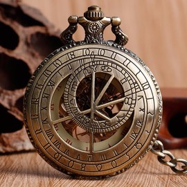 Whodoit Prague Constellation Bronze Mechanical Pocket Watch, Compass Clock Roman Numeral Dial Mechanical Pocket Watch