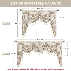Loom and Mill Luxury European Waterfall Valance for Living Room Bedroom, Elegant Floral Jacquard Swag Window Valances with Tassels, Damask Swag Curtains for Banquet Wedding Holiday(W79Inch,1 Panel)