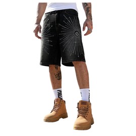 BEAUDRM Men's Rhinestone Baggy Jean Shorts Y2K Hip Hop Jorts Straight Leg Knee Length Loose Fit Denim Shorts Streetwear Black 28
