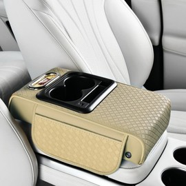 2026 Upgraded Car Center Console Cushion with 30w USB& Type-C Charging Ports, Leather Car Armrest Pad Cover, Interior Accessories for Most Vehicles (Classic Flat Version, Beige)