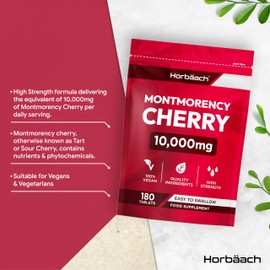 Montmorency Cherry Tablets 10000mg | 180 Tart Cherry Active Pills | 50:1 Tart Cherry Extract Supplement for Men & Women | Vegan | by Horbaach
