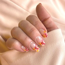 Alice & Bella Semi Cured Gel Strips - French Floral Bouquet - Red Orange Pink Yellow Flowers French Tip Manicure Kit of Salon Quality Real Gel Polish Nail Wraps Stickers - Cure with Any UV Light