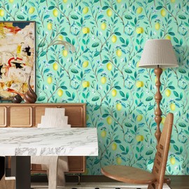 VaryStyle Fresh Lemon Tree Wallpaper Green/Gold Leaf Branches Floral Peel and Stick Wallpaper Green Contact Paper for Cabinets Walls Self Adhesive Removable Vinyl Paper for Bedroom Kitchen 17.7"x118"