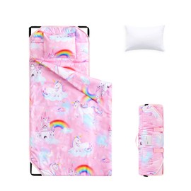 Wake In Cloud - Cot Nap Mat with Pillow and Blanket, for Toddler Kids Girls in Daycare Kindergarten Preschool Pre K with Elastic Corner Straps, Colorful Unicorn Castle Rainbow, Pink