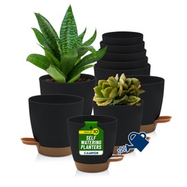 Campior Self-Watering Planters - 5 Size Indoor and Outdoor Plant Pots with Drainage Holes and Wick Rope, Plastic Pot for Succulents, Flowers, and Plants, (7”,6.5”,6”,5.5”,5” Inches), Pack of 10, Black