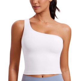 CRZ YOGA Butterluxe One Strap Longline Sports Bra for Women - Asymmetrical Yoga Crop Padded Workout Tanks White Small