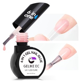 Gelike EC Gel Nail Glue UV - 6 in 1 Gel Glue for Nail Tips with Peachy Jelly Color, Base Coat Free, Strong Adhesive for Press on Nails Acrylic Tips, Ideal for Salon Lover and Beginners