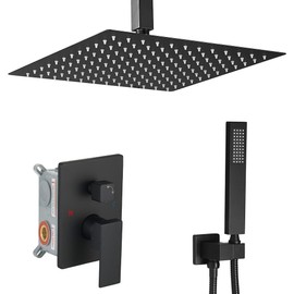 Heable Matte Black Shower System Bathroom 16 Inch Rain Shower Head Ceiling Mount with Handheld Luxury High Pressure Shower Combo Set Shower Faucet Rough-in Valve Body and Trim Included