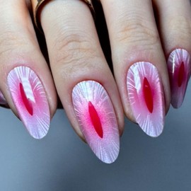 Redykat 30PCS Sculpting Handmade Cat Eye Glossy Almond Press On Nails, Hot Pink Salon Quality Nail art, Cat Pupil Press on nails (The Eye of Elf)