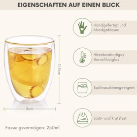 teegeschwister® 2 Double-Walled Glasses Plastic-Free Packaging Thermal Glass for Tea Cappuccino Coffee Latte Macchiato Handmade and Mouth-Blown 2 x 300 ml