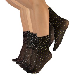 CALZITALY Women's 5 Pack Sheer Non Elastic Loose Top Socks, Polka Dots & Plain, 20 Den, Reinforced Toe, Black, One Size