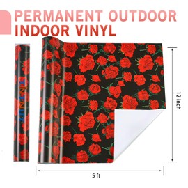 Tintnut Red Rose Permanent Vinyl Roll - 12 inch x 5ft, Valentine’s Day Pattern Adhesive Sheets, Flower Floral Patterned Permanent Adhesive Vinyl for Cutting Machine, Home Decor Self Sticker