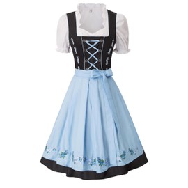 Jasambac Women's Dirndl, 3-Piece Traditional Dress for Oktoberfest, Carnival, blue, xl